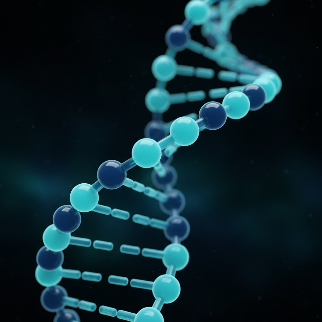 3D molecular peptide chain with glowing cyan spheres in a helix structure